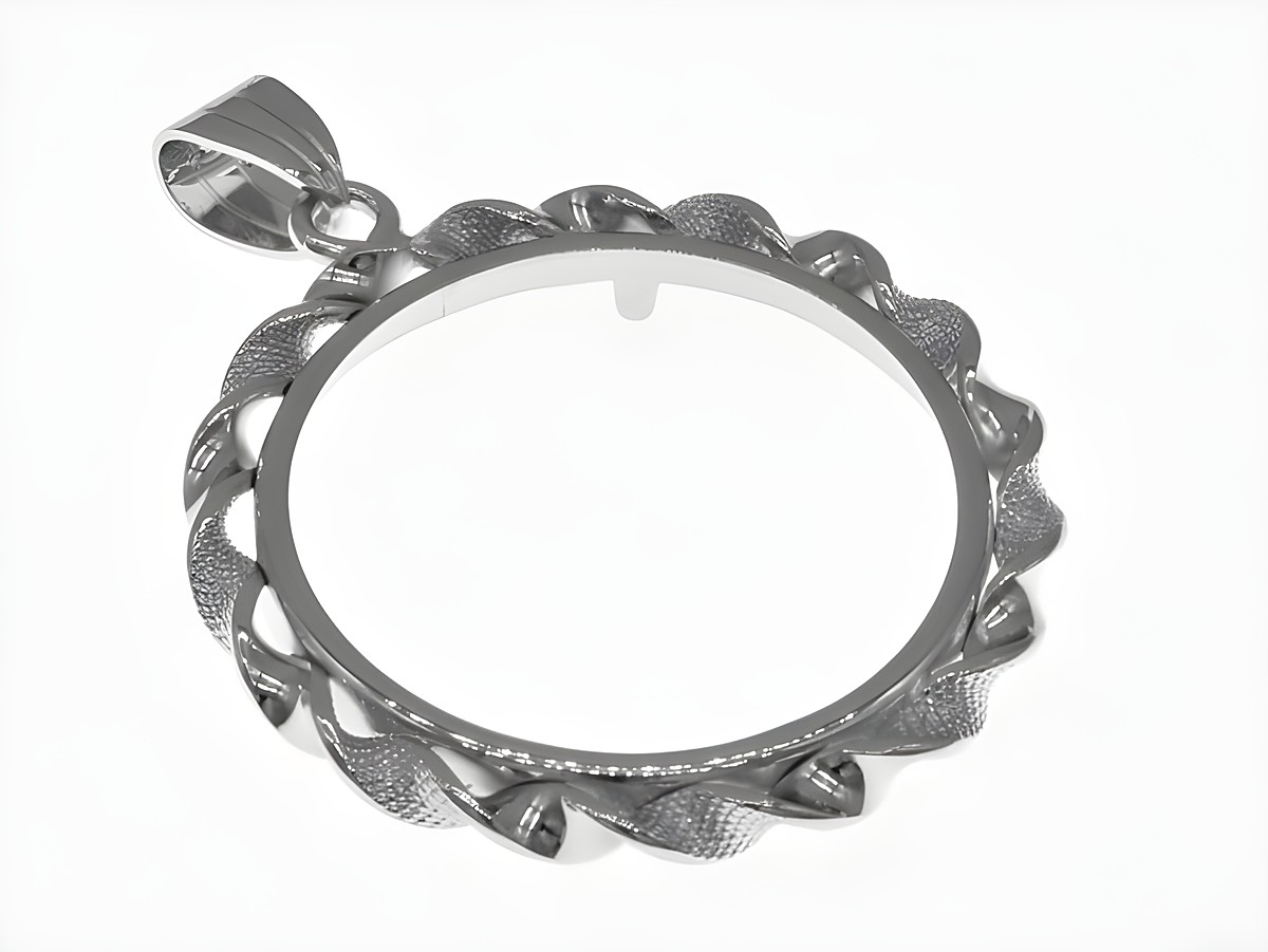 Münzfassung Anhänger aus rhodiniertem 925 Sterling Silber, geeignet für Münzen bis 27 mm Durchmesser, mit eleganter Kordelgestaltung, Hersteller Juwelier Harnisch.
