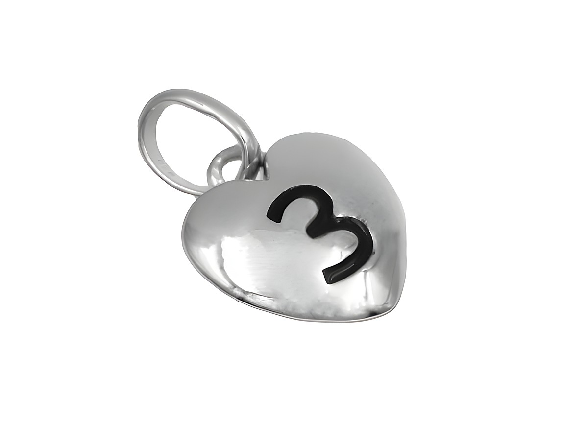 Anhänger Herz 3 aus 925 Sterling Silber, poliert und rhodiniert, mit einer schwarzen Ziffer 3 auf der Vorderseite, elegantes Design für individuellen Schmuck.