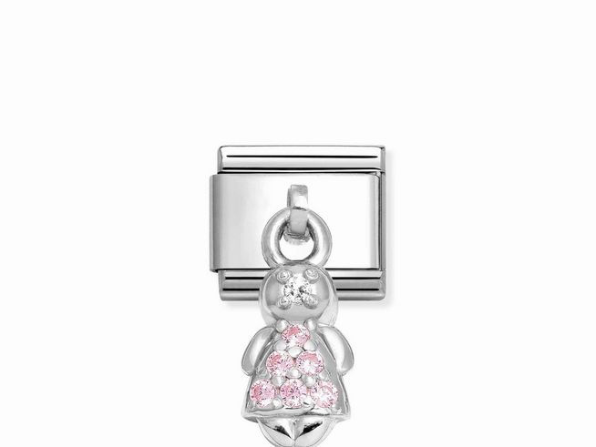 433180028-0 Ein silberner Charm in Form eines Mädchens mit rosa Zirkonia, kombiniert mit einem Edelstahlverschluss, ideal für die Ergänzung von Armbändern oder Halsketten.