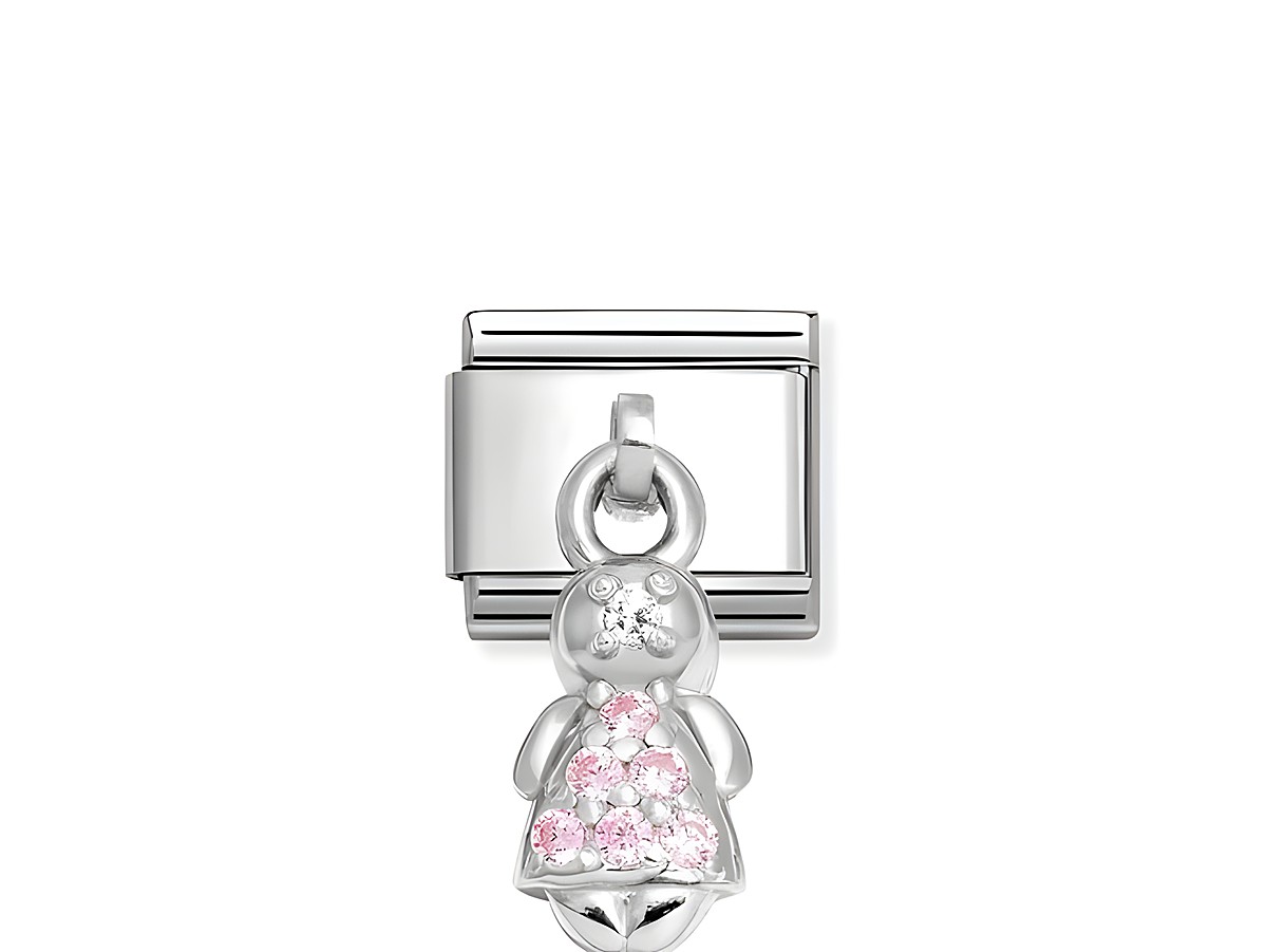 Ein silberner Charm in Form eines Mädchens mit rosa Zirkonia, kombiniert mit einem Edelstahlverschluss, ideal für die Ergänzung von Armbändern oder Halsketten.