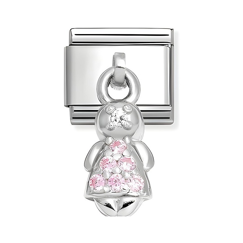 Ein silberner Charm in Form eines Mädchens mit rosa Zirkonia, kombiniert mit einem Edelstahlverschluss, ideal für die Ergänzung von Armbändern oder Halsketten.