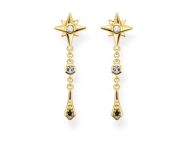 Thomas Sabo Ohrhänger aus Sterling Silber, vergoldet mit Gelbgold, verziert mit Glas-Keramik, synthetischem Spinell und Zirkonia, in funkelndem Sternen-Design.