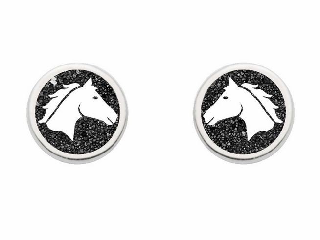 DUR Ohrringe Pferdeglück mit Pferdekopf aus Lavasand in rundem Design, rhodiniertes Sterling Silber, ideal für Pferdefreunde und als stilvolles Accessoire.