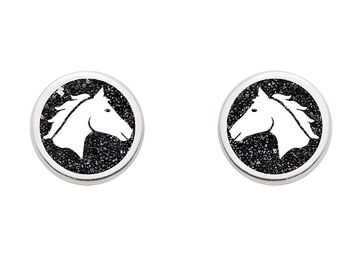 DUR Ohrringe Pferdeglück mit Pferdekopf aus Lavasand in rundem Design, rhodiniertes Sterling Silber, ideal für Pferdefreunde und als stilvolles Accessoire.