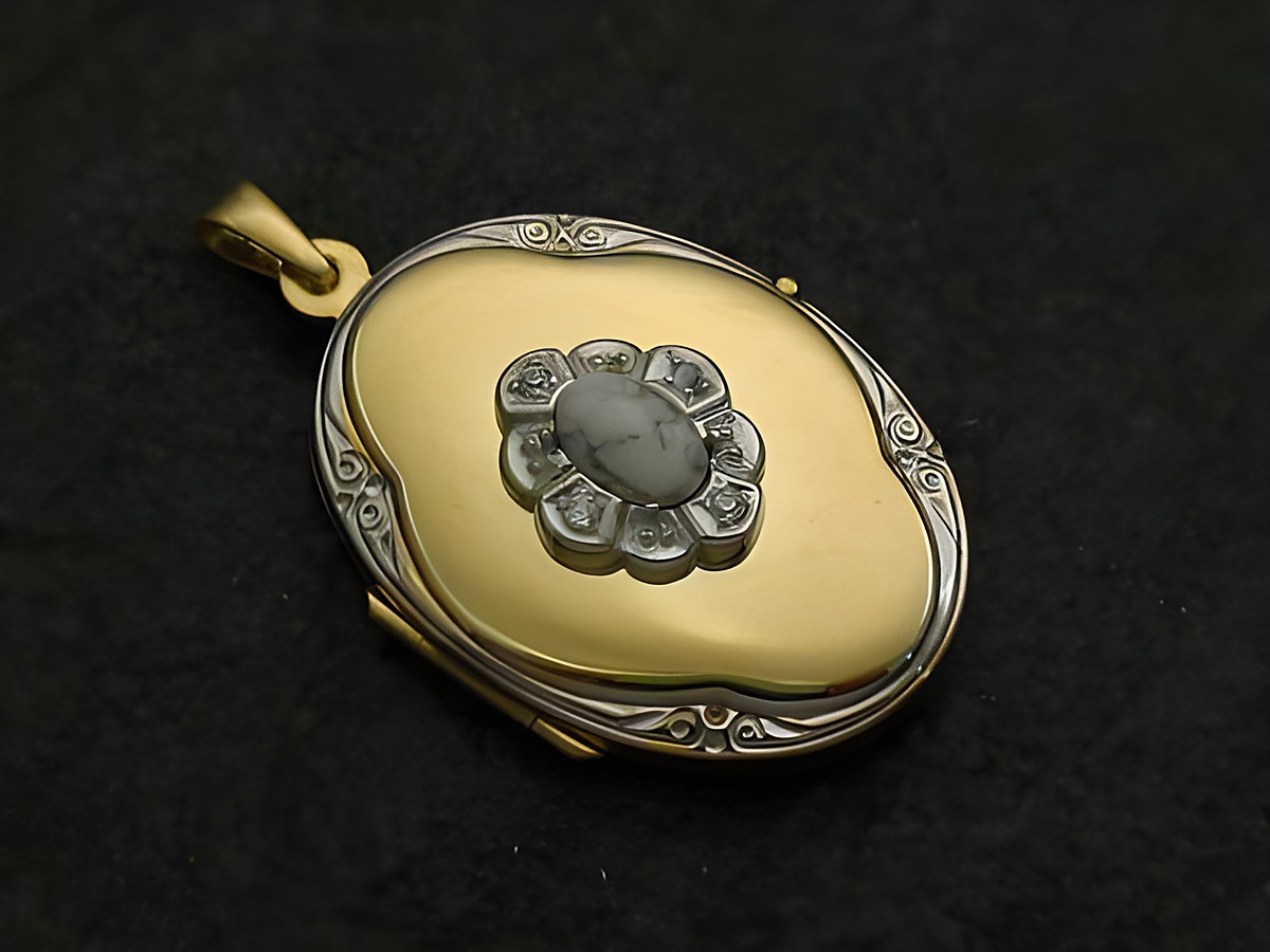 Weißes Howlite Medaillon mit Cabochon in Gold 585 bicolor und Brillanten, gefertigt vom Juwelier Harnisch, umgeben von elegantem Gelbgold 585.