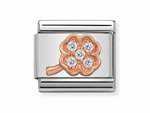 Symbole von Nomination, eine Composable Classic mit einem Kleeblatt-Design, das mit funkelnden Steinen verziert ist, gefertigt aus hochwertigem Edelstahl und roséfarbenem Metall.