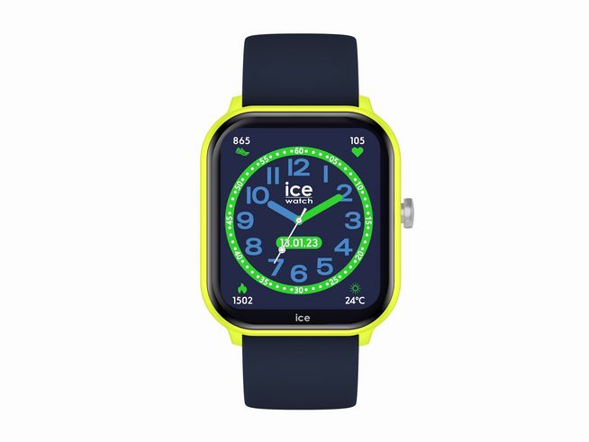 Ice Watch Smartwatch Uhr 022791 smart junior 2.0 ICE Yellow Blue mit 1.75 Zoll Display zeigt eine bunte Ziffernblattgestaltung und ein sportliches Armband in Blau und Gelb.