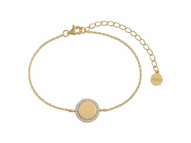 Xenox Sterling Silber Armband XS6091G in Gelbgold Vergoldung mit CLASSIC CIRCLE Design und Karreekette, Größe 15-20 cm, verziert mit strahlenden Steinen.