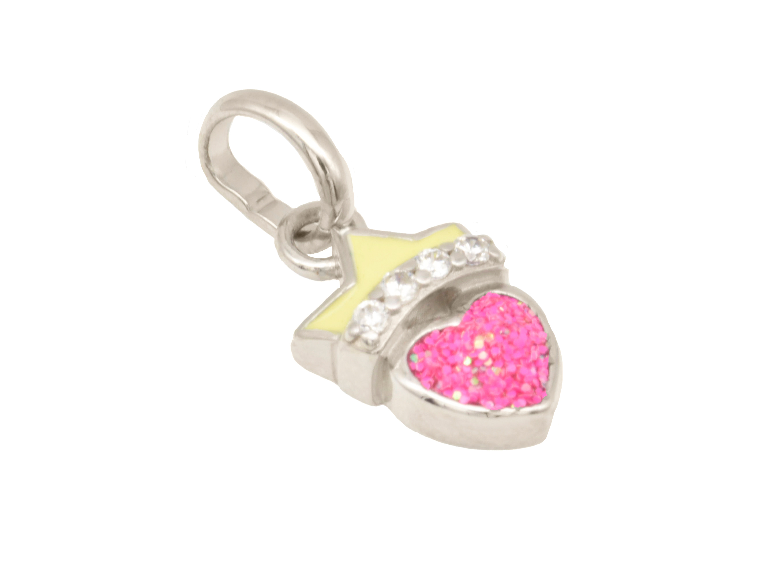 Silber Anhänger in Form einer Krone mit einem pinken Herz aus glitzerndem Lack, hergestellt aus rhodiniertem Sterling Silber, idealer Kinderschmuck von Juwelier Harnisch.