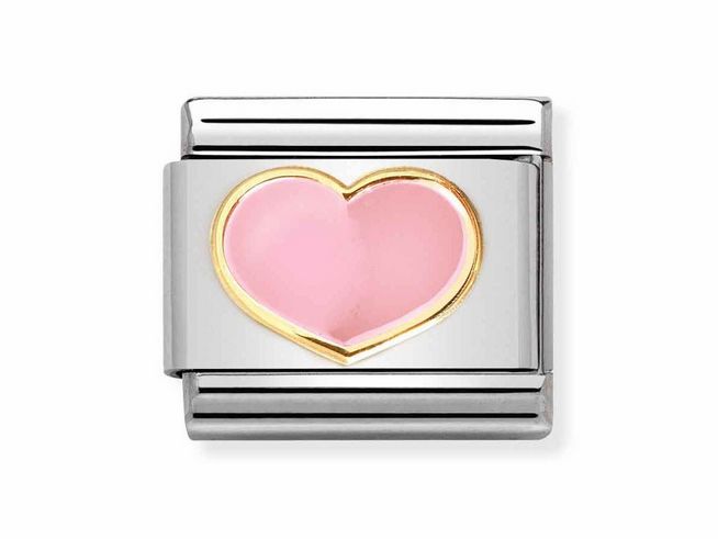 Edelstahl Charm von Nomination mit rosa emailliertem Herz und goldener Umrandung im klassischen Love Design, ideal für persönliche Schmuckstücke.