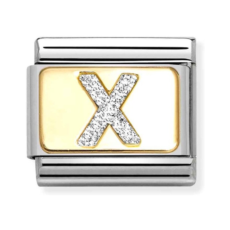 Nomination Composable Classic Charm Buchstabe X Silberglitzer - Edelstahl, Gold 750, Emaille