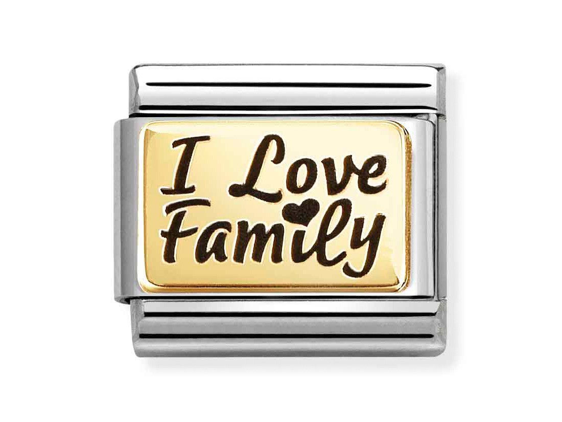 Ein charm aus silbernem Metall mit einer goldenen Emaille-Plakette, auf der die Aufschrift I Love Family in verspielter Schrift zu sehen ist. Ideal für personalisierte Schmuckstücke.