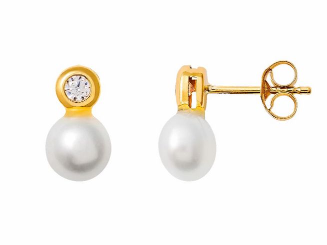 Gelbgold 585 Ohrstecker von Xenox, poliert mit Zirkonia und Perle, elegante und zeitlose Schmuckstücke für besondere Anlässe.
