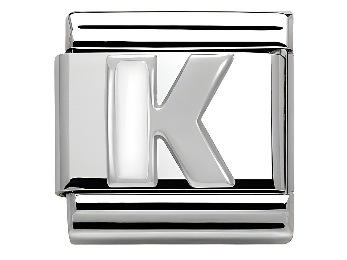 Buchstabe K aus Emaille von Nomination in silberner Classic SilverShine Optik, geeignet für personalisierte Armbänder, glänzende Oberfläche und modernes Design.