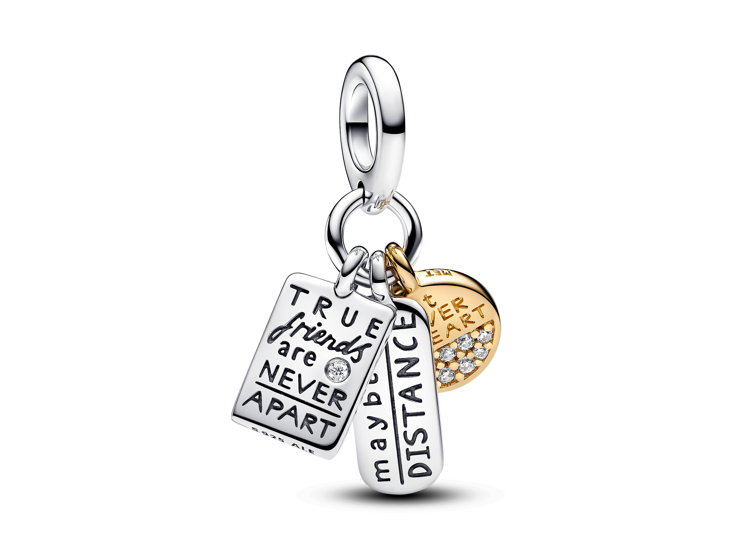 Charm-Anhänger von Pandora aus Sterling Silber und gelbgoldvergoldet mit drei Anhängern, gravierten Sprüchen und Zirkonia, symbolisiert Freundschaft und Verbundenheit.