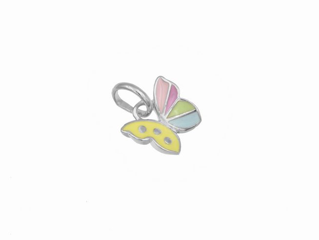 Ein bunten Schmetterlingsanhänger aus rhodiniertem Sterling Silber mit lackierten Farben in Gelb, Pink und Grün, ideal für Kinder, Hersteller Juwelier Harnisch.