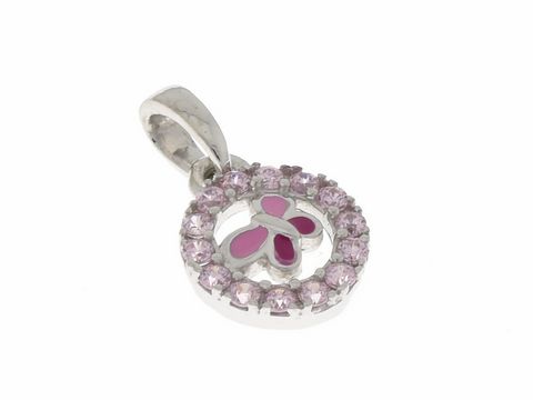 Ein verspielter Anhänger in Form eines Schmetterlings, silber rhodiniert mit Zirkonia und farbigem Lack, geeignet für Kinder, hergestellt von Juwelier Harnisch.