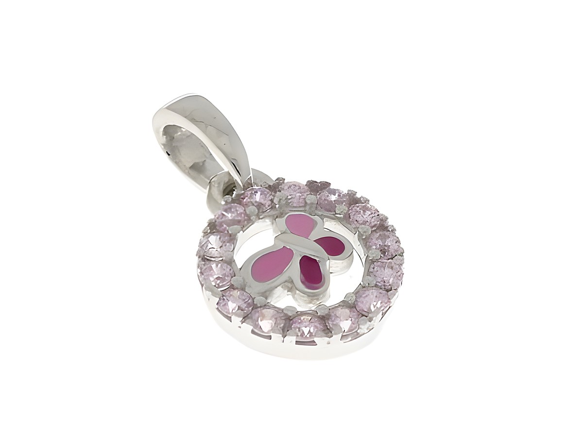 Ein verspielter Anhänger in Form eines Schmetterlings, silber rhodiniert mit Zirkonia und farbigem Lack, geeignet für Kinder, hergestellt von Juwelier Harnisch.
