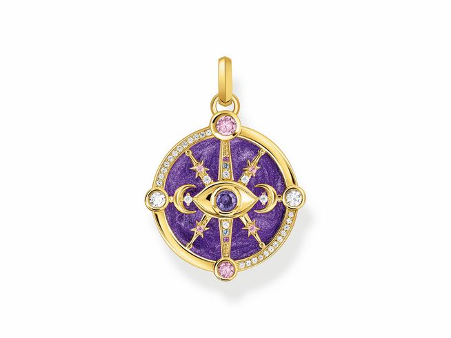 Thomas Sabo Anhänger PE956-565-13 in Silber vergoldet mit Emaille und Zirkonia in Violett, gestaltet als kosmischer Talisman mit einem faszinierenden Auge und goldenen Sternen.