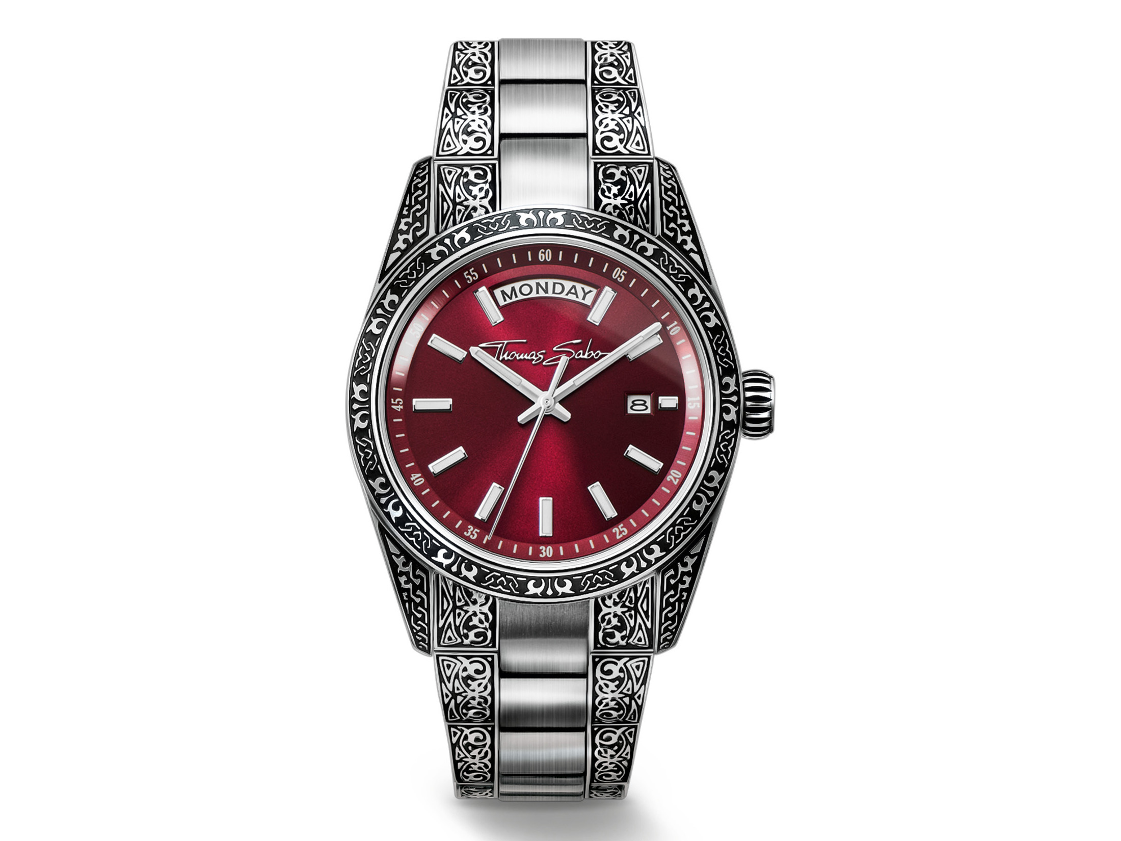 Thomas Sabo Uhr WA0425-201-201-36 mm - Rebel at Heart Revive mit dunkelrotem Ziffernblatt, silbernem Gehäuse und ausgefallenem Armbanddesign, ideal für stilbewusste Trägerinnen.