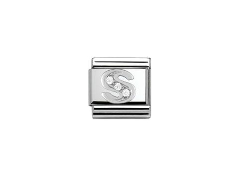 Silberner Schmuckanhänger von Nomination mit dem Buchstaben S, verziert mit Zirkonia-Steinen, elegant und modern gestaltet, ideal für personalisierte Armbänder.