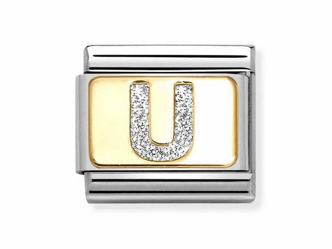 Edelstahlanhänger mit dem Buchstaben U, umgeben von glänzenden silbernen und goldenen Akzenten, verziert mit Glitzerdetail in Silber, ideal für personalisierte Schmuckstücke.