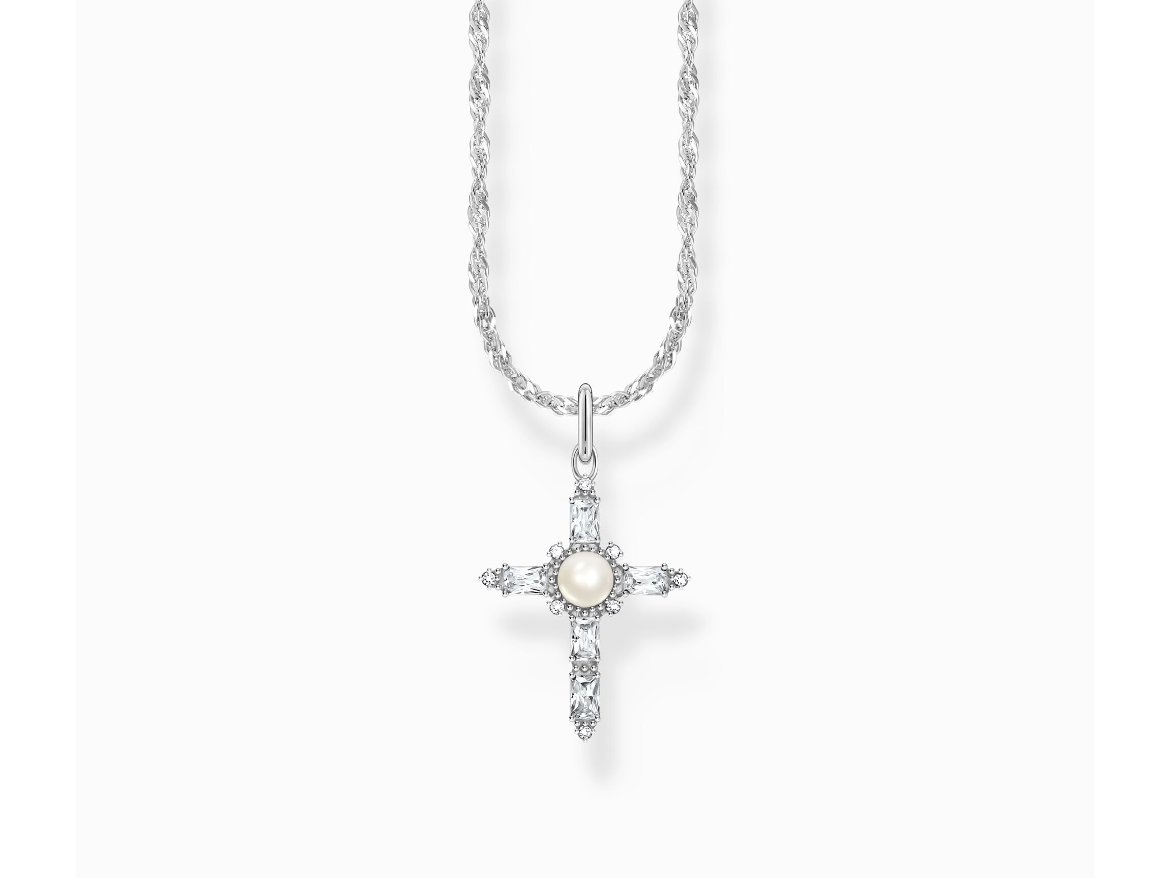 Elegante Thomas Sabo Kreuzkette mit Süßwasserzuchtperle und Zirkonia, aus hochwertigem Silber, in einer Länge von 40-45 cm, ideal für besondere Anlässe oder als modisches Accessoire.