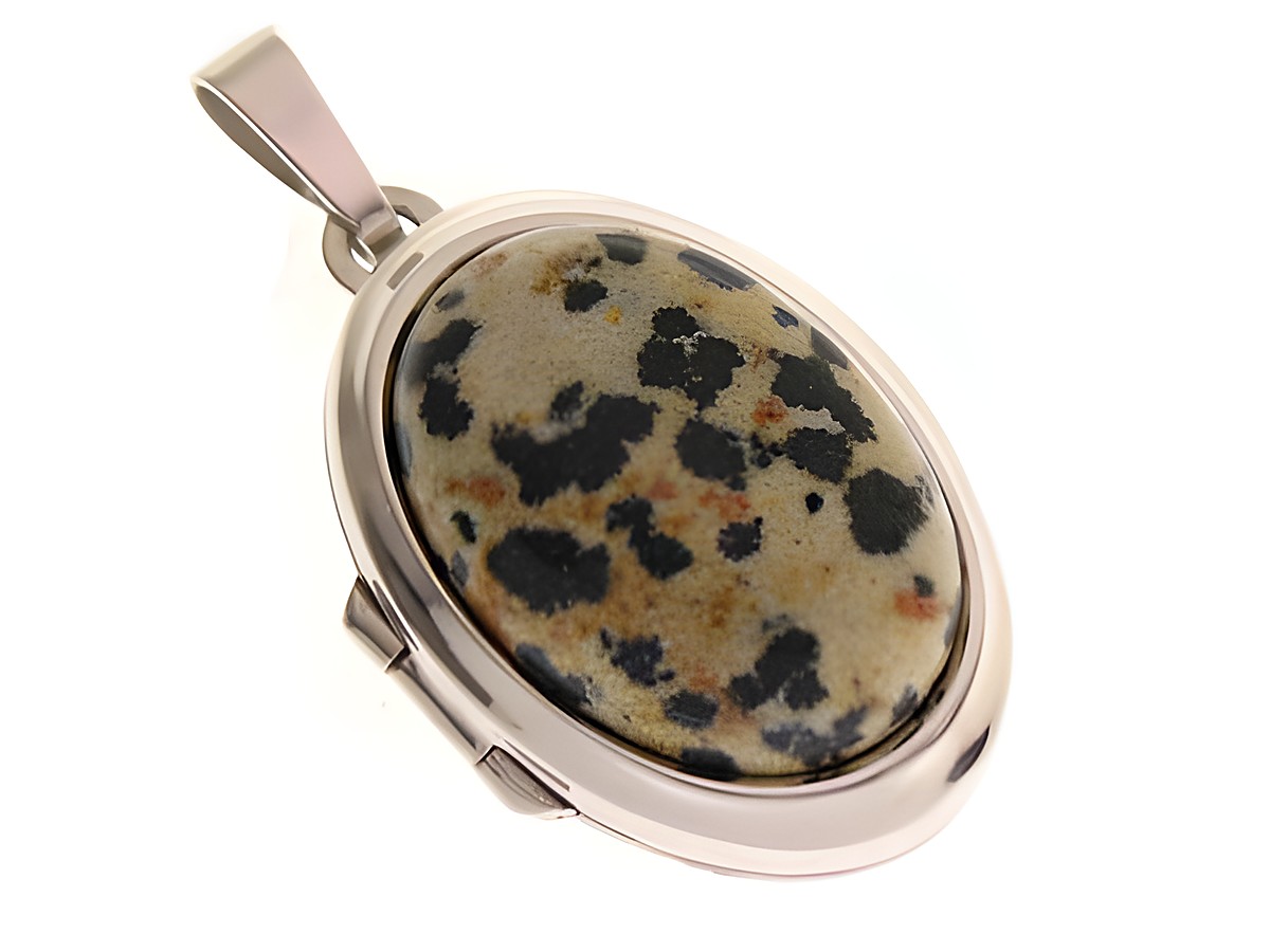 Dalmatiner Jaspis Medaillon Cabochon in Weißgold 585, gefertigt von Juwelier Harnisch, ovaler Stein mit charakteristischen schwarzen und braunen Flecken, elegant in einer schlichten Fassung.