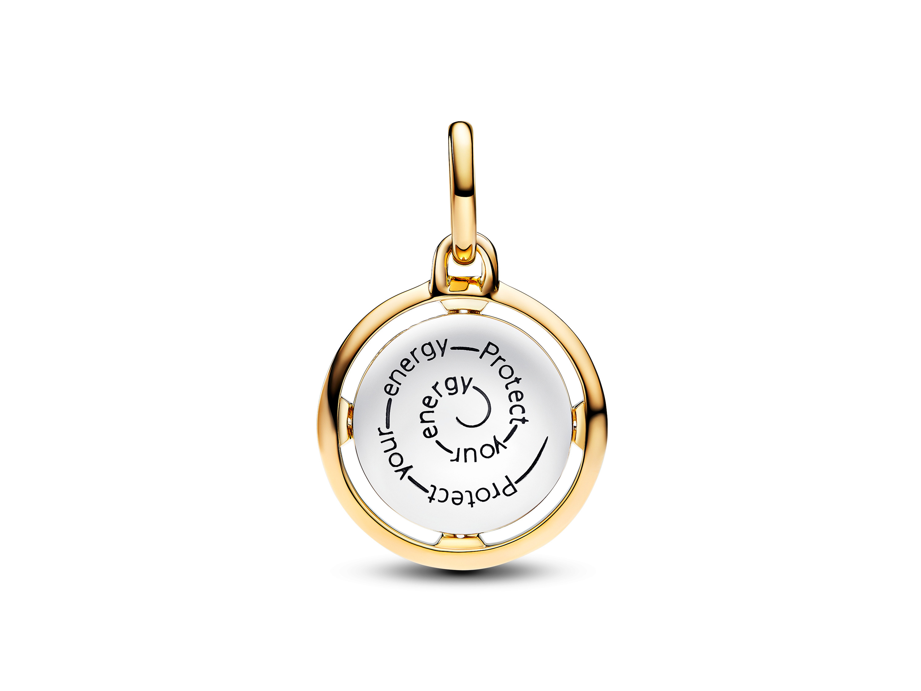 Der Charm zeigt eine runde Medaille mit goldfarbigem Rand und einer weißen Innenseite, die eine kreisförmige Schrift mit positiven Botschaften trägt. Ideal für Schmuckliebhaber.