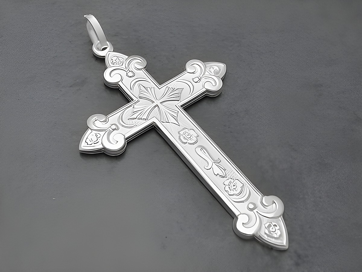 Kreuz poliert und nostalgisch aus Sterling Silber, 53 mm, mit filigranem Muster verziert, Hersteller Juwelier Harnisch. Ideal für stilvolle Akzente.