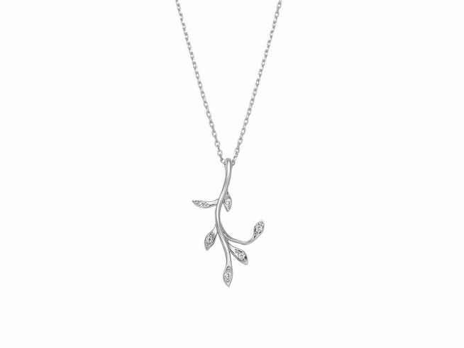 Xenox Sterling Silber Kette XS2233 in 40-45 cm mit Wellenmuster, elegante Kareekette mit filigranem Anhänger in Form eines Zweigs mit Blättern und funkelnden Details.