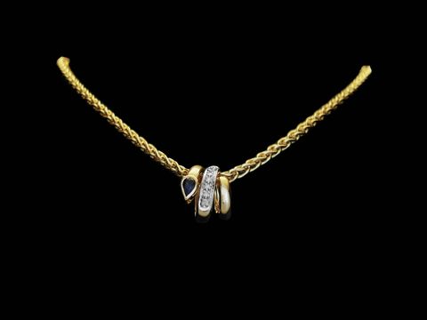 Gold Collier mit Zopfdesign, Mittelteil in Form einer Schlange besetzt mit Brillant und Saphir, 45 cm lang, 585 Gold, Hersteller Juwelier Harnisch.