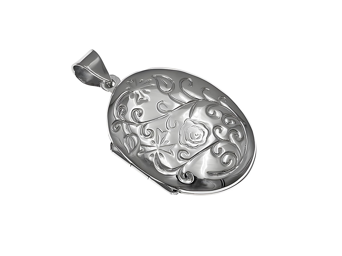 Medaillon Oval mit Blumenmuster in Silber, traumhaft verarbeitet, Hersteller Juwelier Harnisch, ideal für persönliche Andenken und besondere Anlässe.