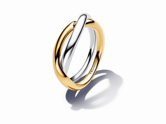 163262058-0 Verschlungener Bänder Ring von Pandora in Bicolor mit Sterling Silber und gelbgold vergoldeten Elementen, Größe 58, elegantes und modernes Design.