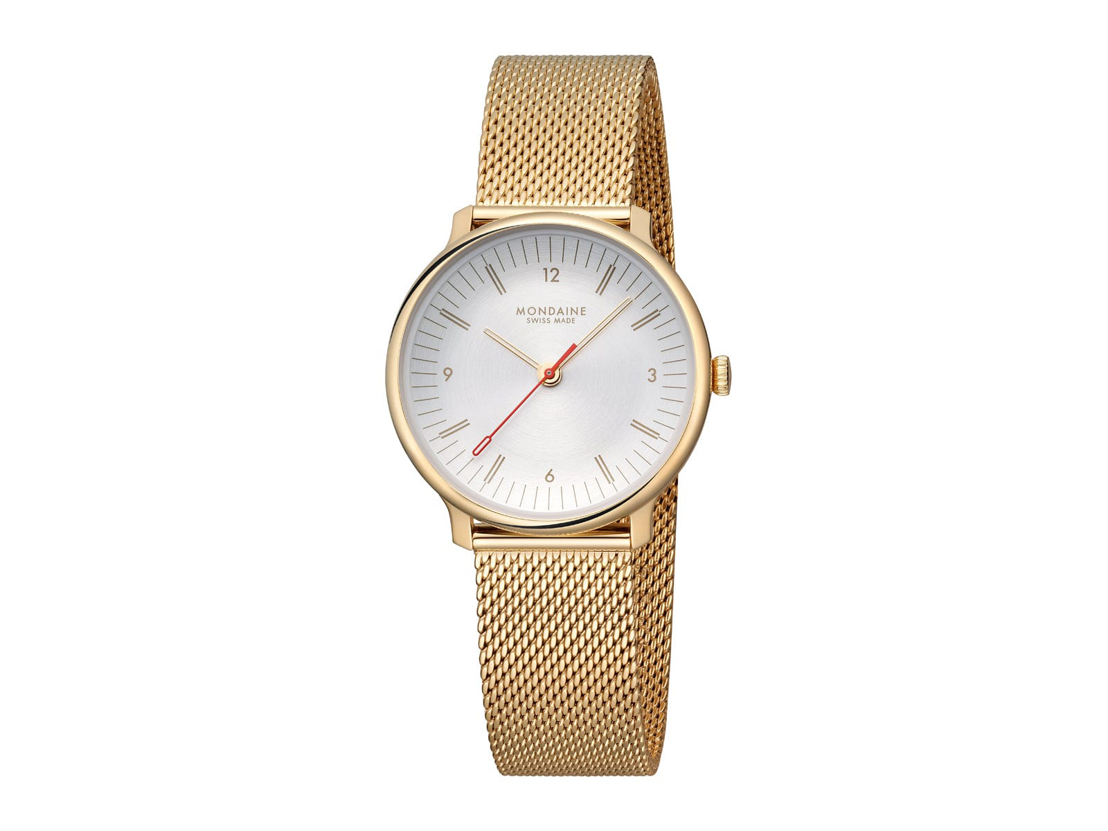 Mondaine Uhr MLE.33111.SM Doppio in gelb vergoldet mit einem Durchmesser von 33 mm und einem eleganten Mesh-Armband, schlichtes Ziffernblatt mit roten Akzenten.