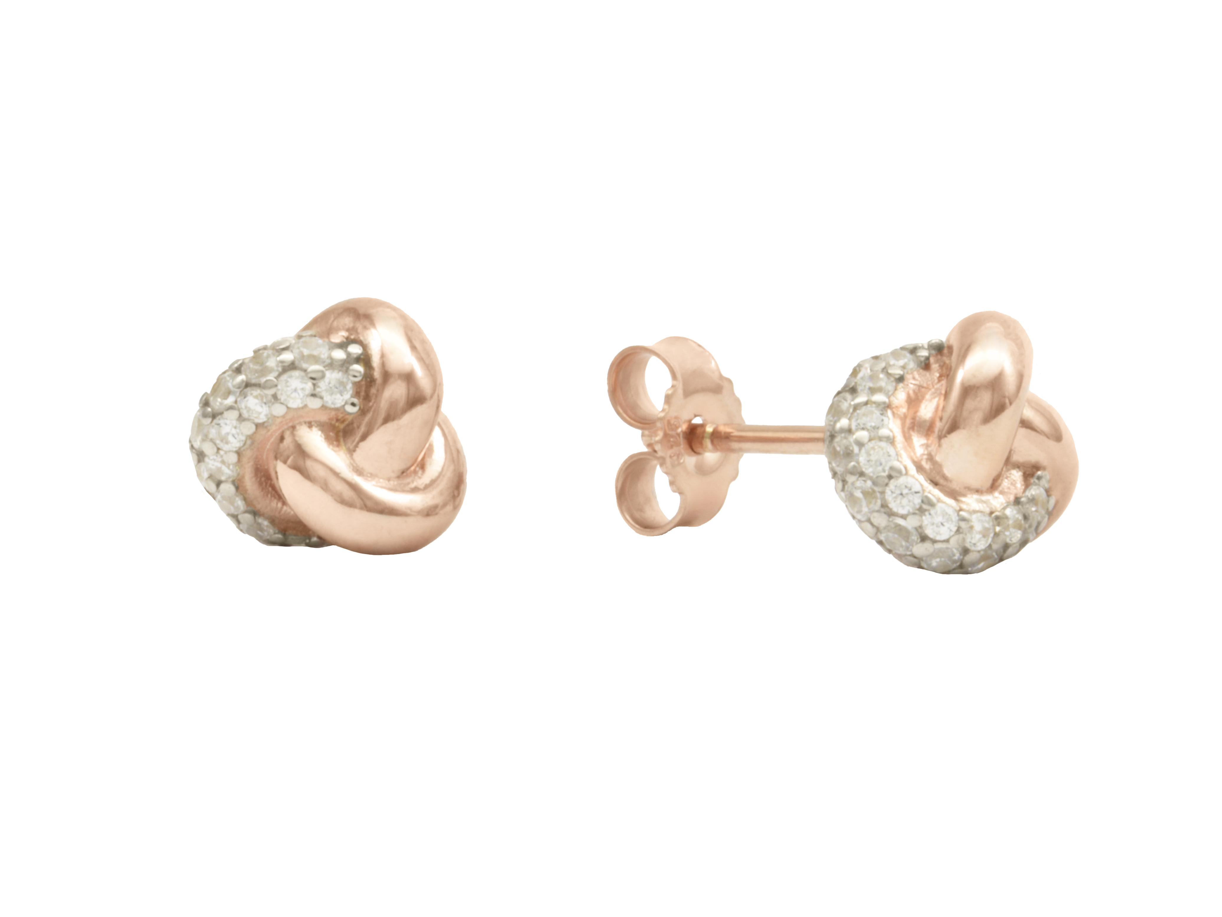Ohrstecker Glanzknoten aus Sterling Silber 925, vergoldet in Roségold, poliert und mit Zirkonia verziert, hergestellt von Juwelier Harnisch.