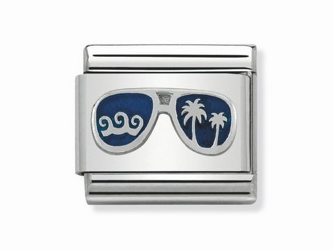 Classic Sonnenbrille Miami in Blau und Silber von Nomination, mit Motiven von Wellen und Palmen auf einer eleganten Basis, ideal für einen trendigen Look.