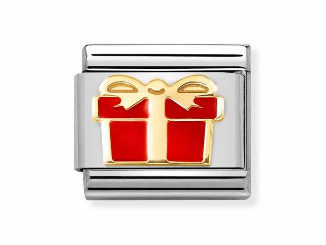 Edelstahlarmband mit rotem, emailliertem Geschenkdesign und goldener Schleife, Hersteller Nomination, Modell 030272 70 Classic, ideal als Geschenk.