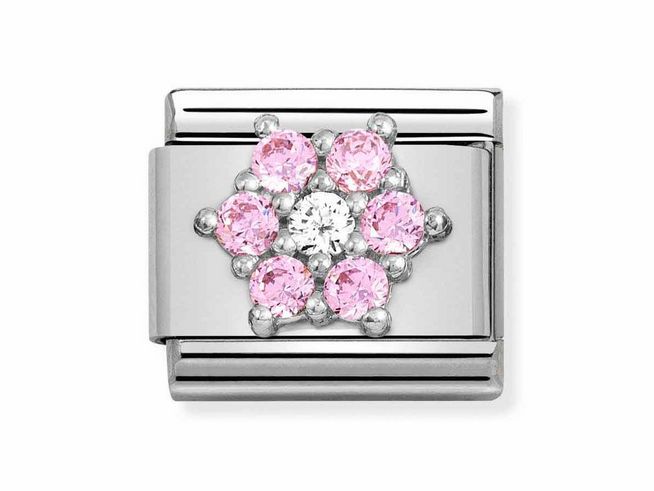 Elegantes Nomination Classic Sterling Silber Motiv mit einer Blume, verziert mit pinken und weißen Zirkonia-Steinen, Hersteller: Nomination, Silvershine Motive.