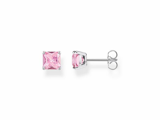 Ohrstecker aus Silber mit pinkem Zirkonia in quadratischer Form, geeignet für einen eleganten Look im Alltag oder zu besonderen Anlässen.