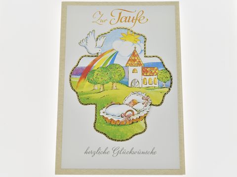 Zeichnung einer bunten Landschaft mit einer Kirche, einem Kind in einer Wiege, einer Taube und einem Regenbogen, hergestellt von Juwelier Harnisch für Taufkarten.
