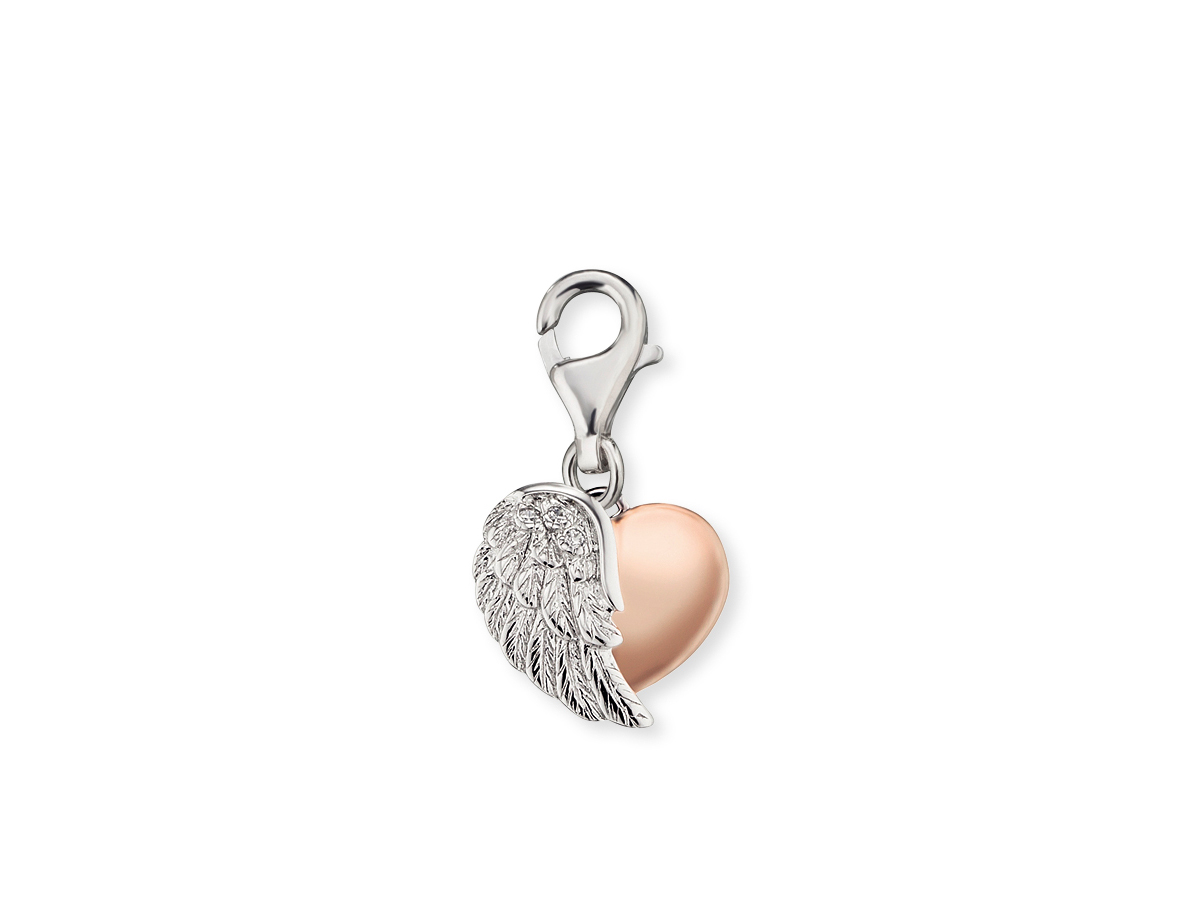 Engelsrufer ERC-HEARTWING-BICOR Charm Herzflügel Bicolor mit Zirkonia - Roségold Verg. auf Silber Engelsrufer ERC-HEARTWING-BICOR Charm Herzflügel Bicolor mit Zirkonia in Roségold Verg. auf Silber, zeigt einen Herzanhänger mit Flügeln, elegant und stilvoll gestaltet.