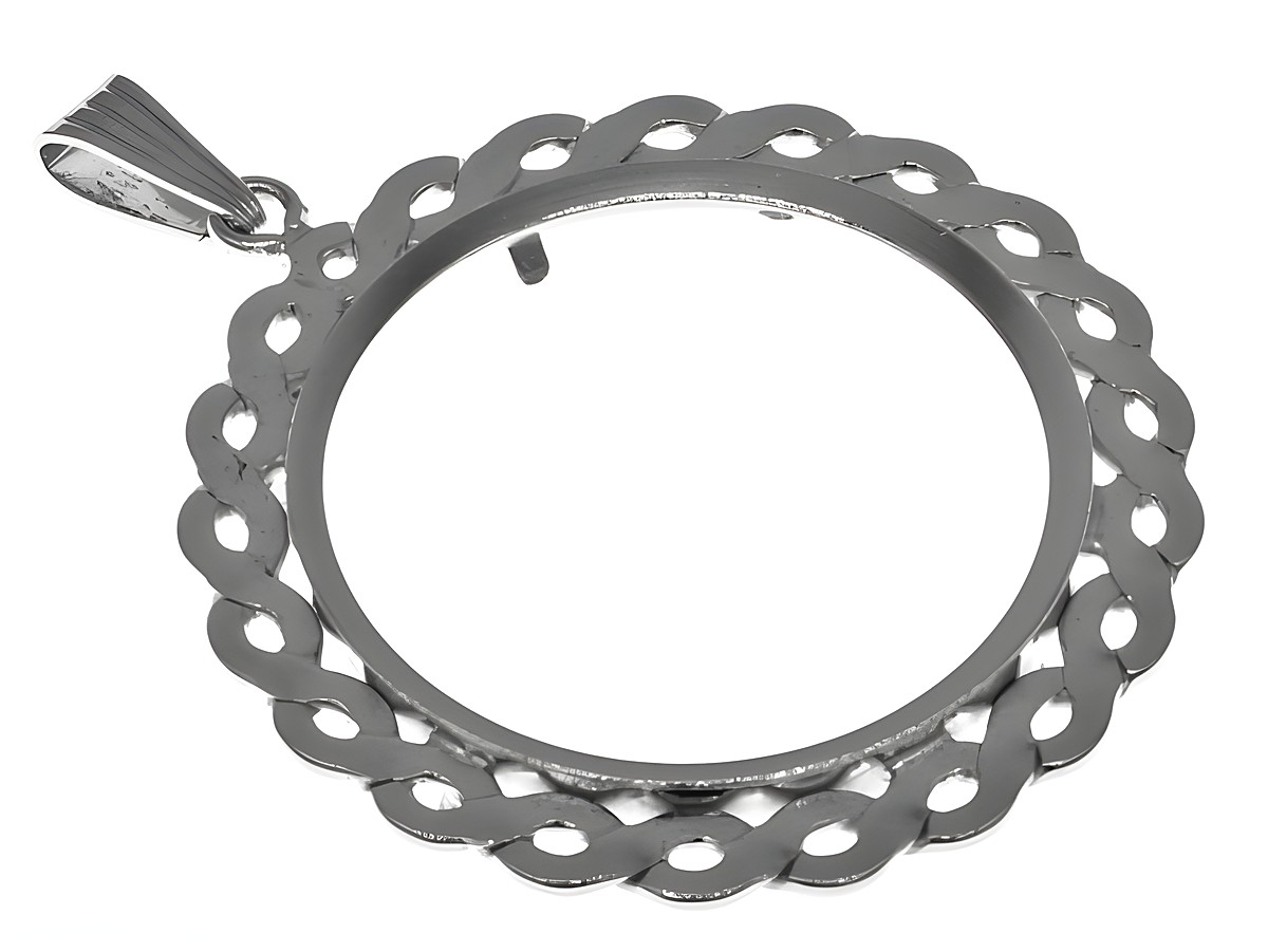 Münzfassung Anhänger im Panzermuster aus echtem Silber, rhodiniert, für Münzen bis 30,6 mm Durchmesser, hergestellt von Juwelier Harnisch, geeignet für Münzen bis 3,5 cm.