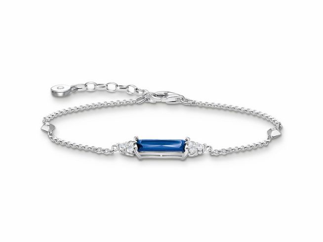 Armband von Thomas Sabo aus Sterling Silber mit blauen Glas-Keramikstein, Zirkonia-Verzierungen, 19 cm verstellbar. Elegantes Design für stilvolle Akzente.