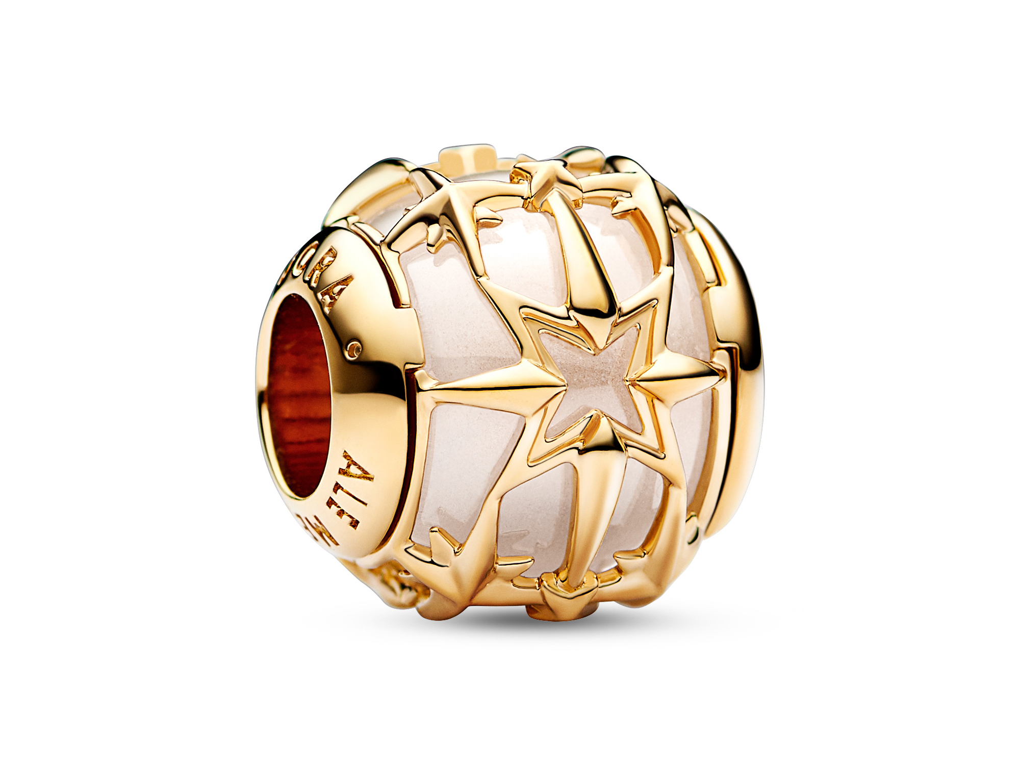 Charm von Pandora in Gelbgold Vergoldung mit Zirkonia, formschöne Darstellung des Planeten Venus, Design mit glattem und strukturiertem Element, geeignet für Armband und als Schmuckstück.