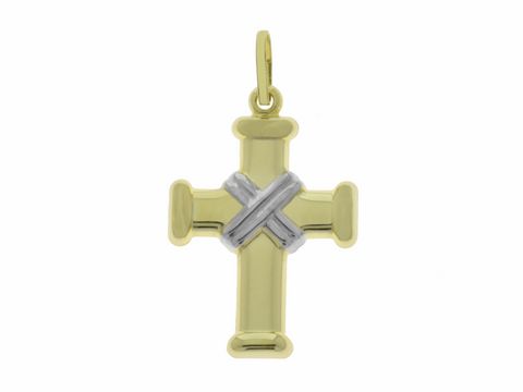 Anhänger in Form eines mystischen Kreuzes aus Gold 333, bicolor gestaltet mit silbernen Akzenten, Hersteller Juwelier Harnisch. Elegant und zeitlos als Schmuckstück.