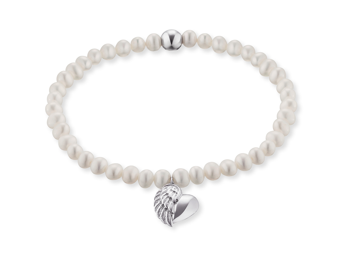 Armband aus Zuchtperlen in Weiß mit einem Herzflügel-Anhänger aus rhodiniertem Silber, elegantes Design mit Perlmutt-Elementen, perfekt für jeden Anlass, Länge 17 cm.