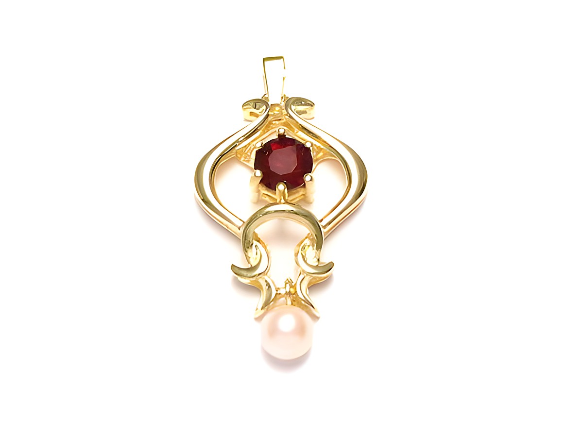 Granat und Zuchtperle Gold Anhänger 333 Kettenanhänger von Juwelier Harnisch, elegantes Design mit rotem Granat und schimmernder Zuchtperle, perfekt für besondere Anlässe.