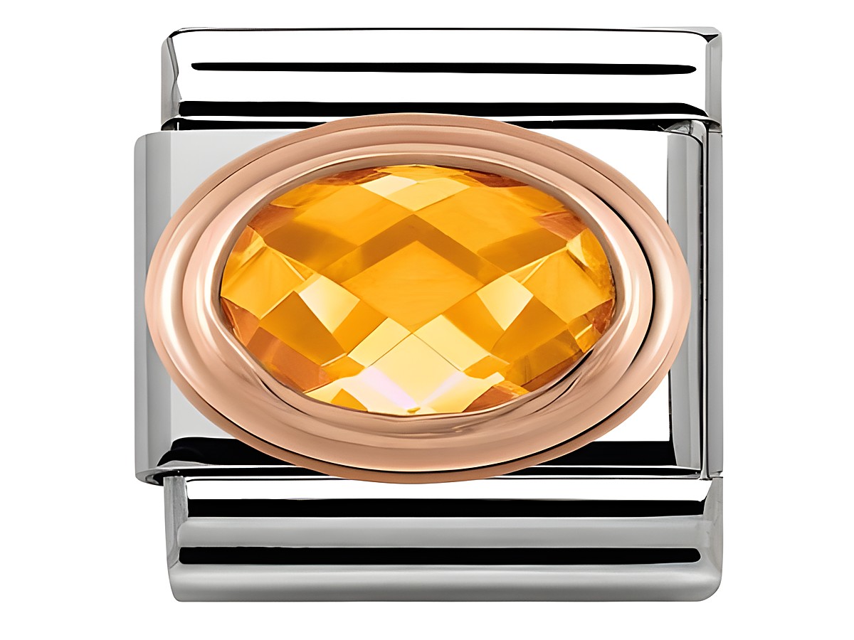 Zirkonia in Gelb, facettiert, umgeben von einem roségoldenen Rand, auf einer Edelstahlbasis, von Nomination, Modell 430601 002, perfekt für eleganten Schmuck.