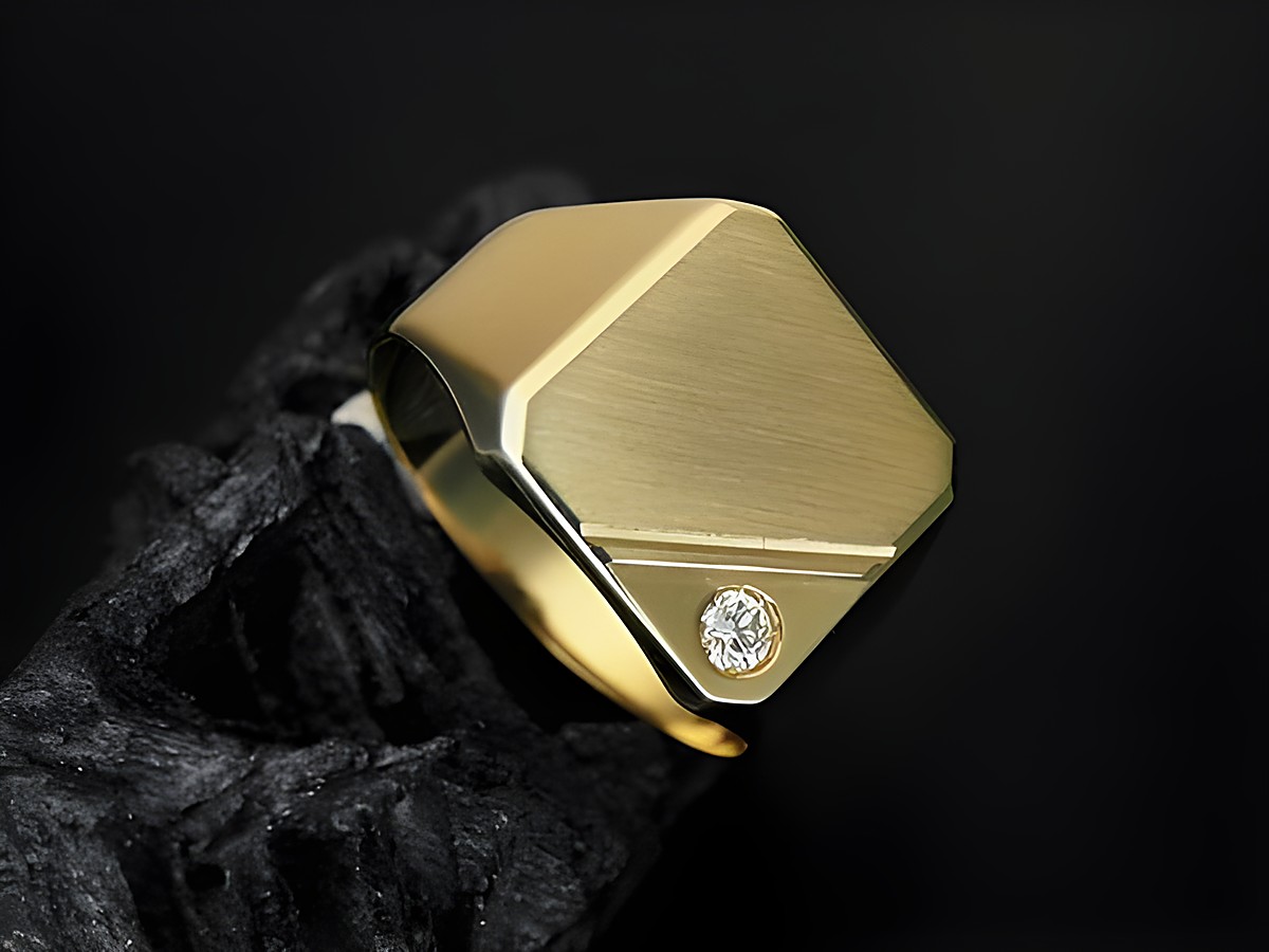 Gold Ring - Gold 585 - Brillant - viereckig - mattiert - Größe 61, Hersteller: Juwelier Harnisch, über Größe 60/19.